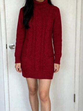 Red Cable-Knit Turtleneck Sweater Dress